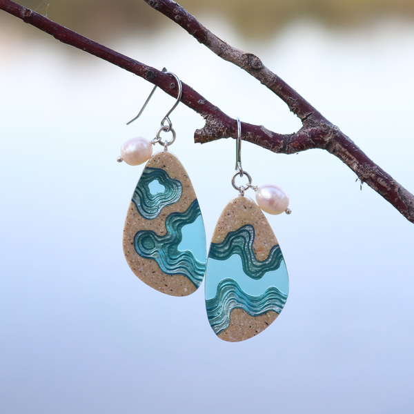 Rockpool large beach sand and blue resin earrings with pearl